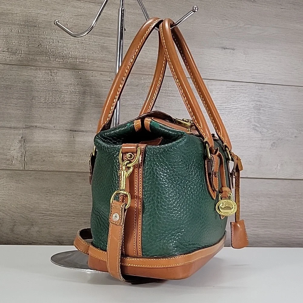 Vintage Dooney & Bourke Green Pebbled Leather Satchel with Tan Trim and Handles